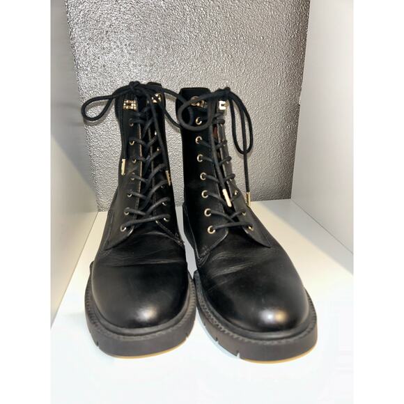 Coach Biker Combat Goth Mid Black Leather Calf Round Toe Lace up Combat Boots - Picture 3 of 12